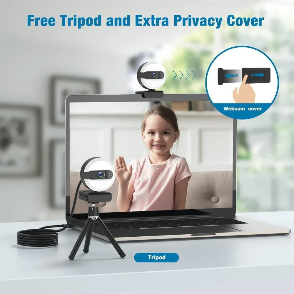 Webcam, 2K HD Webcam with Microphone Tripod and Privacy Cover, Web Camera for PC